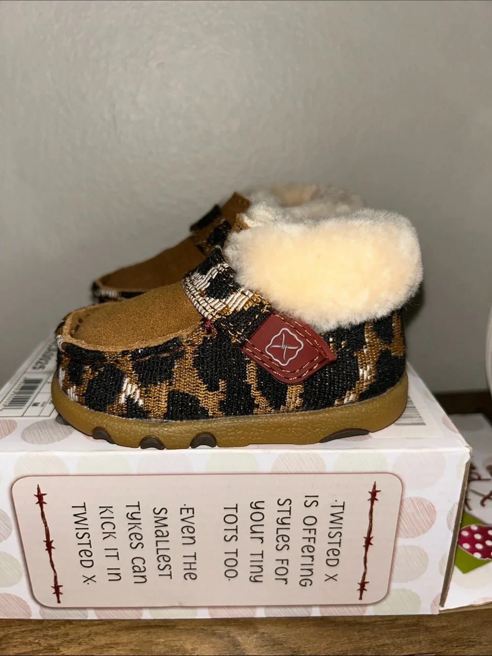 Twisted X Kids Tan & Black Cheetah Moccasins with Plush Lining